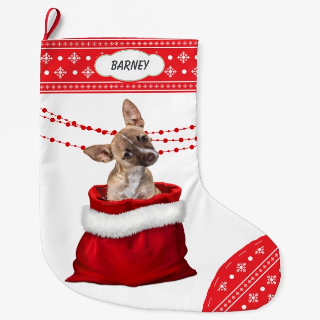 Grande Chaussette De Noël Sac-cadeau Cute Chihuahua Puppy Flocon de neige Bo (Devant)