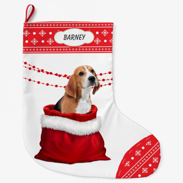 Grande Chaussette De Noël Sac cadeau mignon Beagle chien Snowflake frontière (Devant)