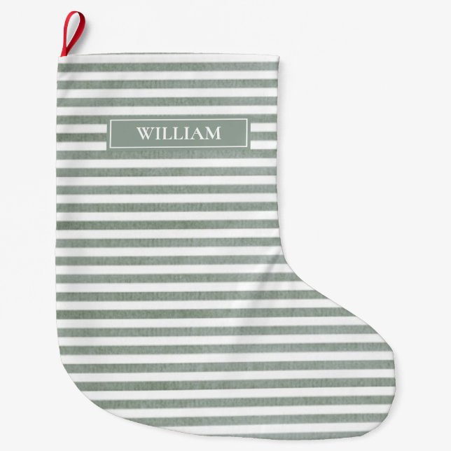 Grande Chaussette De Noël Sage Green Stripes Personnalisé (Devant)