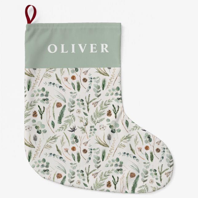 Grande Chaussette De Noël Sage vert botanique élégant moderne cadeau familia (Devant)