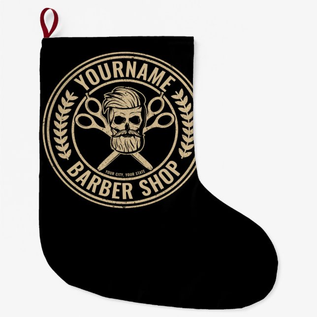 Grande Chaussette De Noël Salon de coiffure personnalisé Skull Rockabilly (Devant)