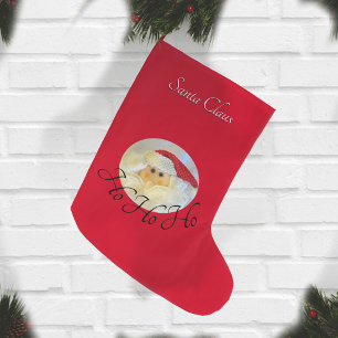 Grande Chaussette De Noël Santa Claus Face Ho Ho Ho avec le nom Noël rouge