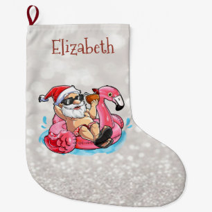 Grande Chaussette De Noël Santa Claus, Flammes Roses, Glittery Bokeh