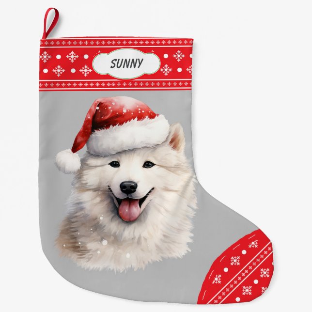 Grande Chaussette De Noël Santa Hat Samoyé Chien Flocon de neige frontière (Devant)