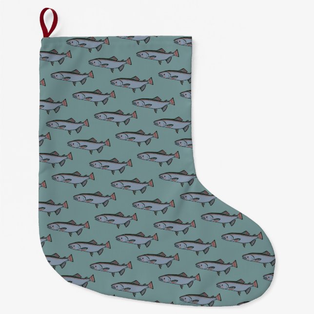 Grande Chaussette De Noël Saumon Motif PNW Pêche Fish River (Devant)