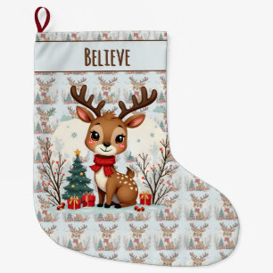 Grande Chaussette De Noël Scène mignonne de rennes de Noël dans une forêt en