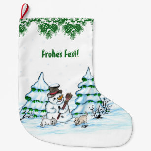 Grande Chaussette De Noël Schneemann mit Katze und Hundewelpe auf Deutsch