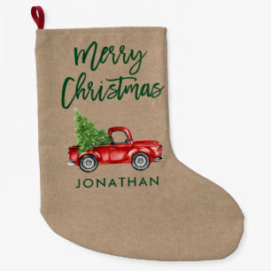 Grande Chaussette De Noël Scripts de pinceau vert Kraft Arbre rouge Vintage