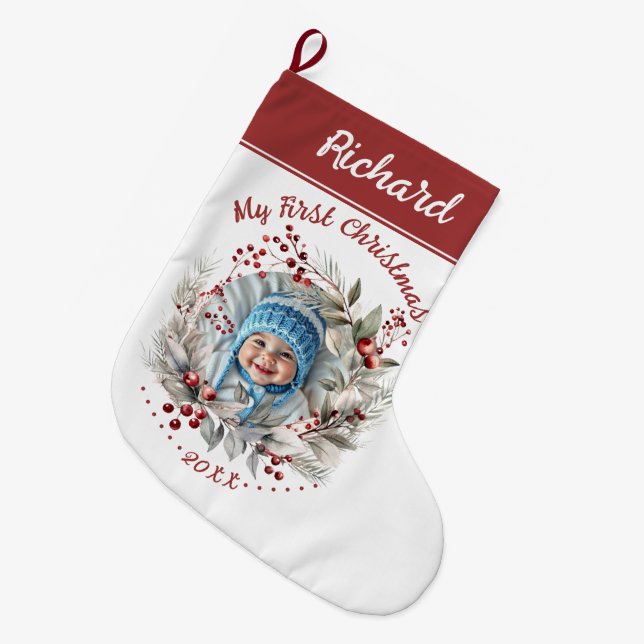 Grande Chaussette De Noël Serre avec baies Bébé Première photo de Noël (Devant (Accrochage))