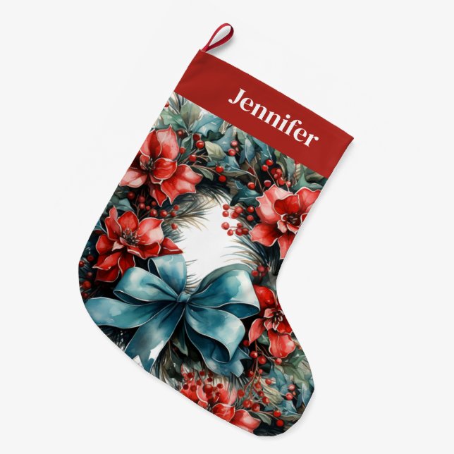 Grande Chaussette De Noël Serre de pin avec Fleurs rouges et Holly (Devant (Accrochage))