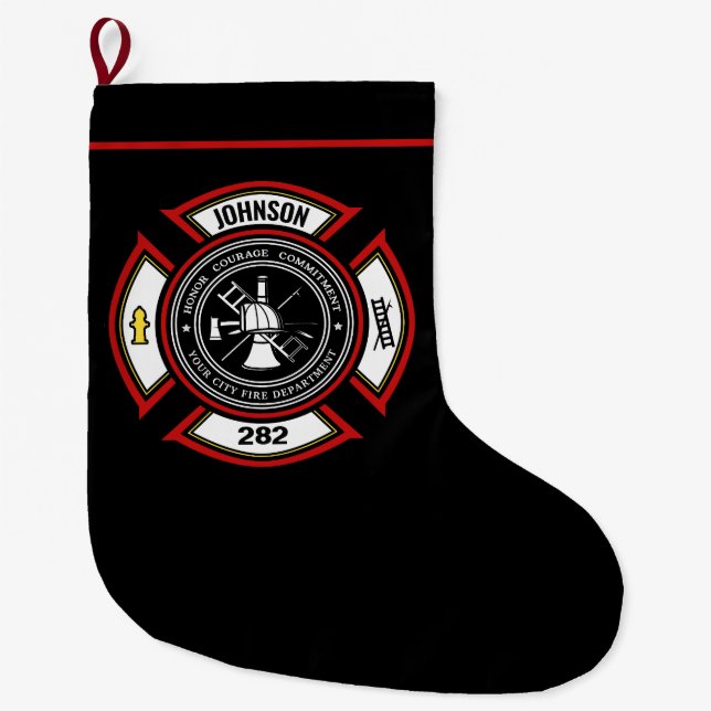 Grande Chaussette De Noël Service d'incendie AJOUTER LE NOM Pompier Insigne  (Devant)