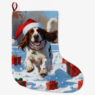 Grande Chaussette De Noël Setter anglais coule dans la neige avec Casquette 