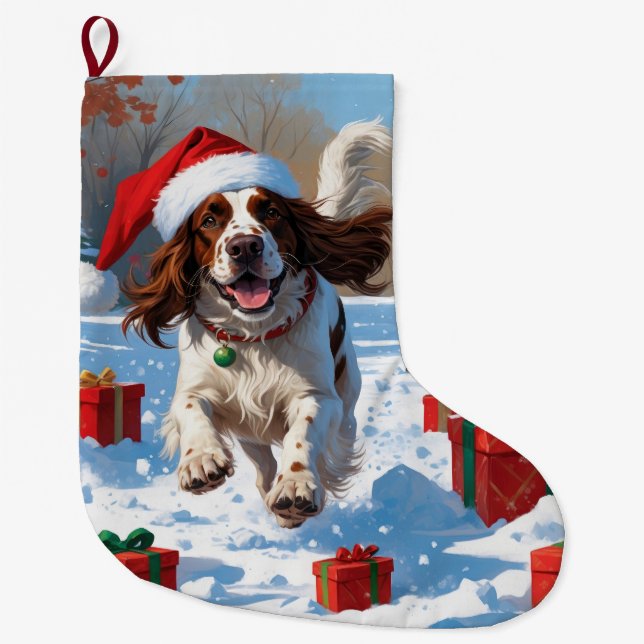 Grande Chaussette De Noël Setter anglais coule dans la neige avec Casquette  (Devant)