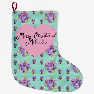 Grande Chaussette De Noël Shabby Chic Floral Aqua Noël Nom de Filles