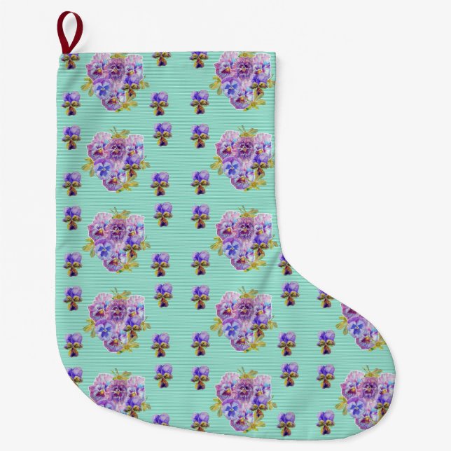 Grande Chaussette De Noël Shabby Chic Floral Aqua Stripe Noël Stocker (Devant)