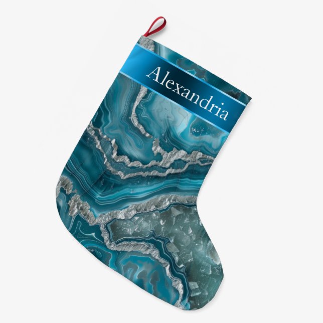 Grande Chaussette De Noël Silver Blue Aqua Glam Glitz Christmas Name (Devant (Accrochage))