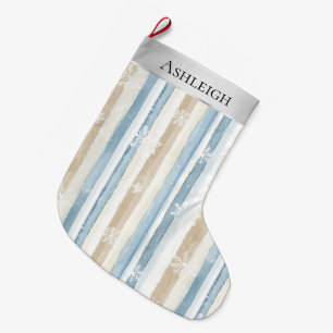 Grande Chaussette De Noël Silver Blue White Snowflakes Stripes Noël