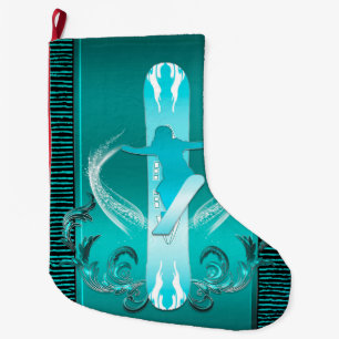 Grande Chaussette De Noël Snowboarding, surfeur avec les éléments floraux