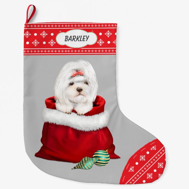 Grande Chaussette De Noël Snowflake Bordure Shih Tzu Cadeau Surprise (Devant)