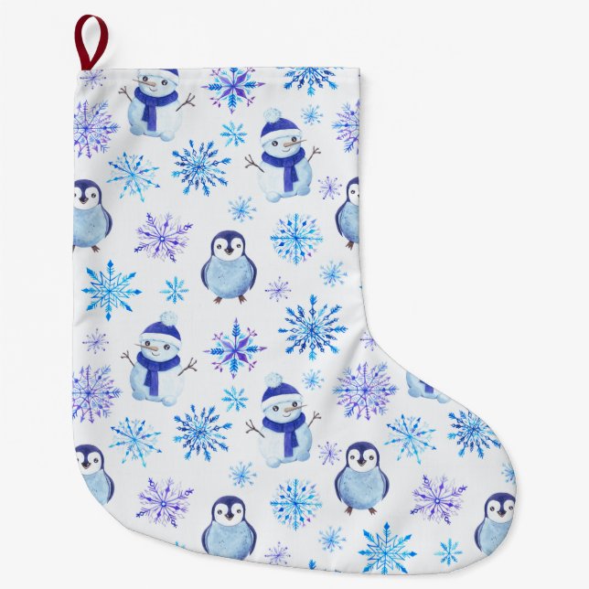 Grande Chaussette De Noël Snowflakes, Snowmen et Pingouins de Noël (Devant)