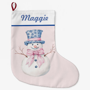 Grande Chaussette De Noël Snowman en bleu Damask Top Hat