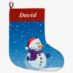 Grande Chaussette De Noël Snowman sur bleu grand stockage de noël