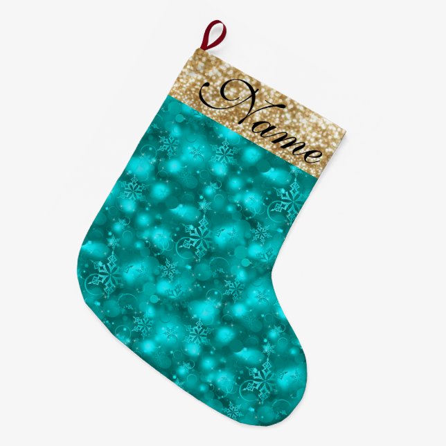Grande Chaussette De Noël Sparkly Snowflakes, Turquoise & Parties scintillan (Devant (Accrochage))