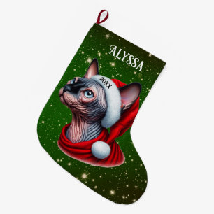 Grande Chaussette De Noël Sphynx Chat Pretty Green Noël