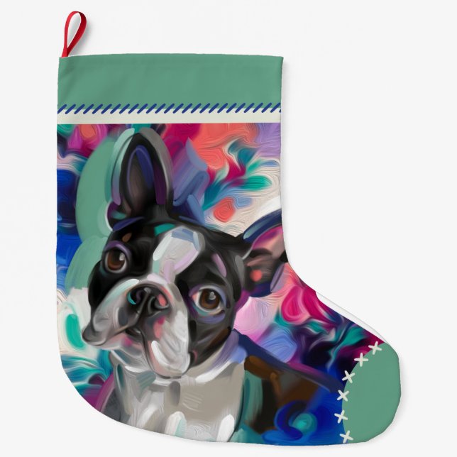 Grande Chaussette De Noël Stationnement de Noël de Boston Terrier| Ornement (Devant)