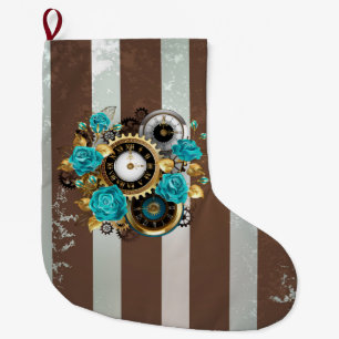 Grande Chaussette De Noël Steampunk Clock and Turquoise Roses on Striped