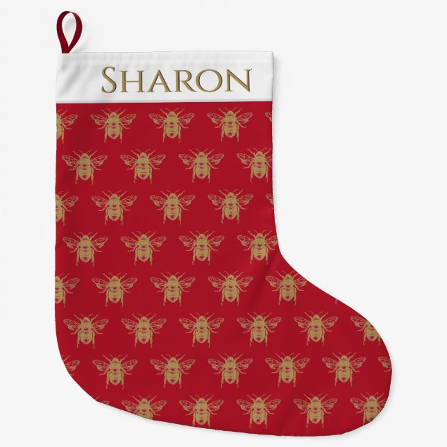 Grande Chaussette De Noël Stockage de Noël personnalisé avec l'abeille d'or (Devant)