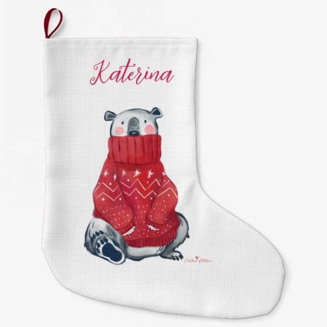 Grande Chaussette De Noël Stockage de Noël personnalisé avec ours polaire (Devant)