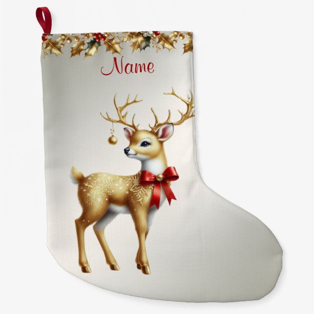 Grande Chaussette De Noël Stockage de vacances Gold Reindeer (Devant)