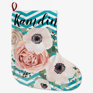 Grande Chaussette De Noël Stockage personnalisé Rose géométrique Chevron Tur