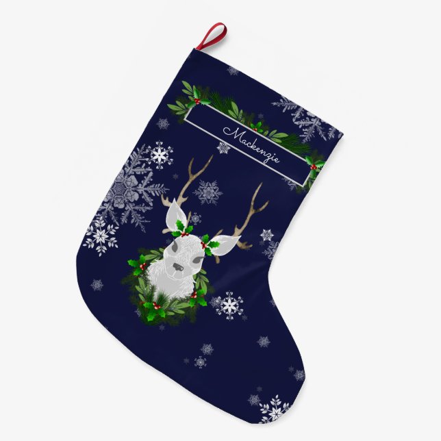 Grande Chaussette De Noël Stocker de rennes bleus (Devant (Accrochage))