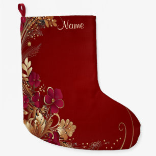 Grande Chaussette De Noël Stocker Floral Or Rouge