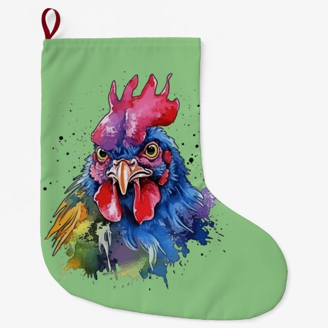 Grande Chaussette De Noël Style d'aquarelle de poulet du coq du pays (Devant)