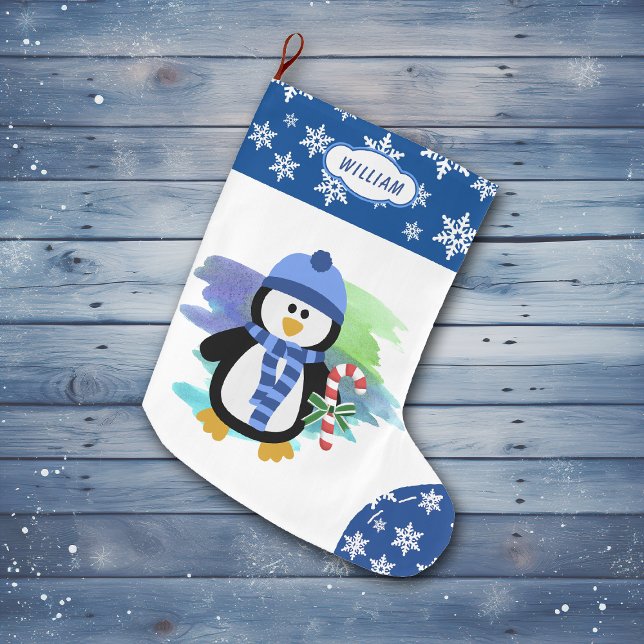 Grande Chaussette De Noël Sucre de canne de pingouin bleu mignon (Créateur téléchargé)