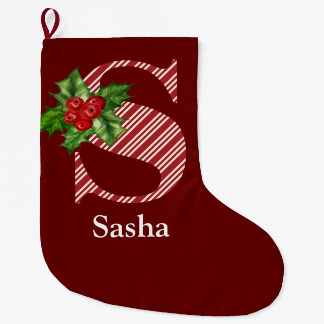 Grande Chaussette De Noël Sucre de canne et monogramme Holly S (Devant)