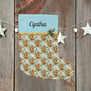 Grande Chaussette De Noël Sunflower Honeycomb et abeilles Turquoise et or