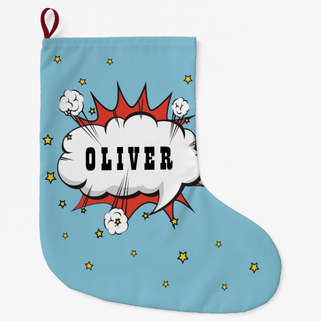 Grande Chaussette De Noël Superhero Comic Speech Bubble Boy Name (Devant)