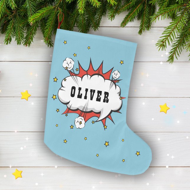 Grande Chaussette De Noël Superhero Comic Speech Bubble Boy Name (Créateur téléchargé)