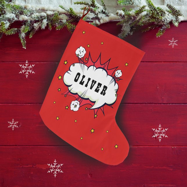 Grande Chaussette De Noël Superhero Comic Speech Cloud Nom du garçon (Créateur téléchargé)