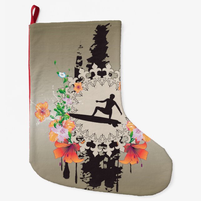 Grande Chaussette De Noël Surfer, surfboarder avec des fleurs (Devant)