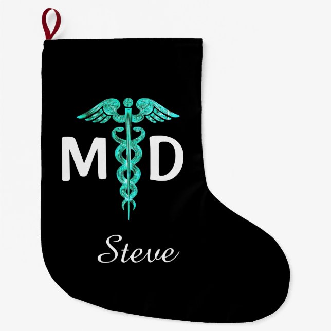 Grande Chaussette De Noël Symbole Dr MD Caduceus Médicale Turquoise Black (Devant)