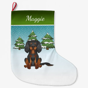 Grande Chaussette De Noël Tan Noir Cavalier King Charles Spaniel En Hiver