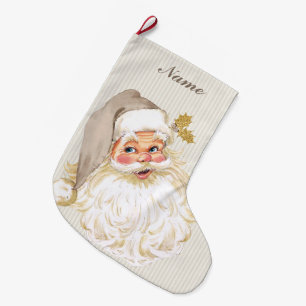 Grande Chaussette De Noël Taupe neutre victorien vintage et or du père noë