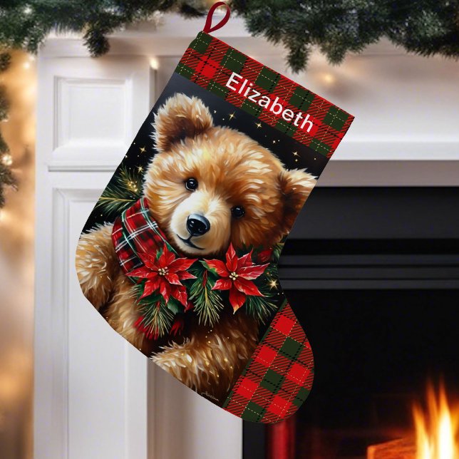Grande Chaussette De Noël Teddy Bear Add Name Christmas Red Green (Créateur téléchargé)