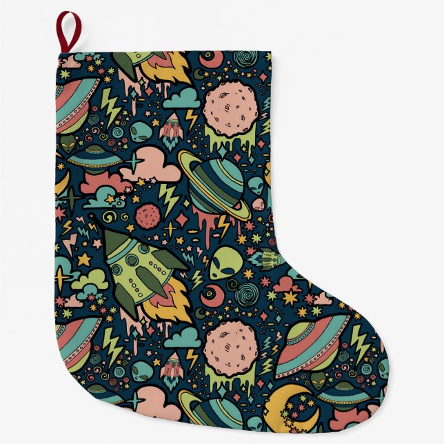Grande Chaussette De Noël Texture Motifs Aliens Rockets Space (Devant)