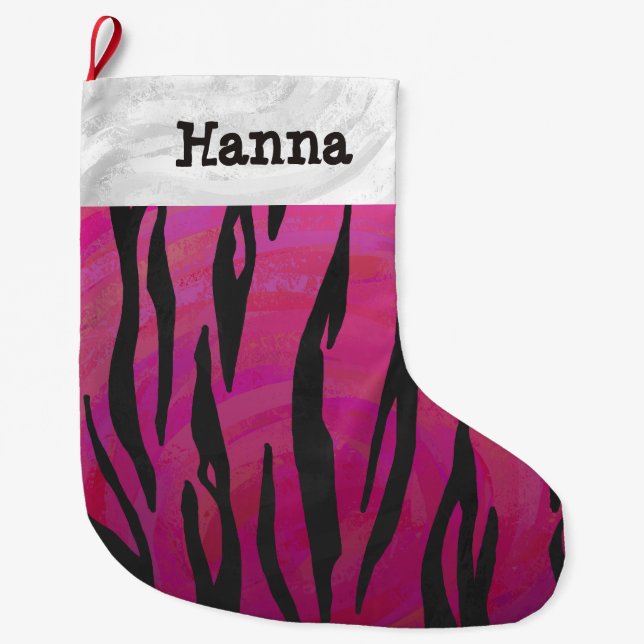 Grande Chaussette De Noël Tiger rose chaud et noir (Devant)